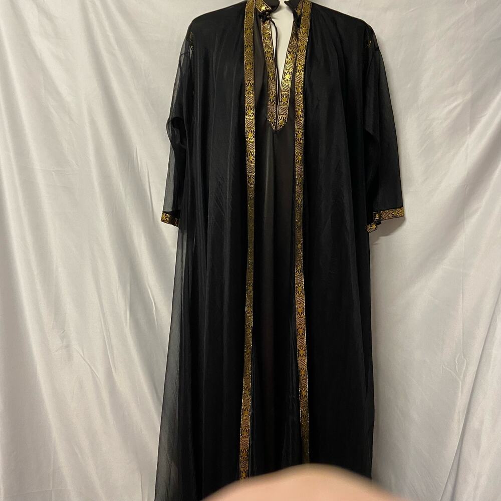 Pandora Lingerie 2 Piece Black Gold Size Sm Shear Robe 100% Nylon Vintage